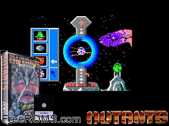 Mutants (UK) (1987) [f1] Amstrad CPC game showing 3D box cover and gameplay screenshot